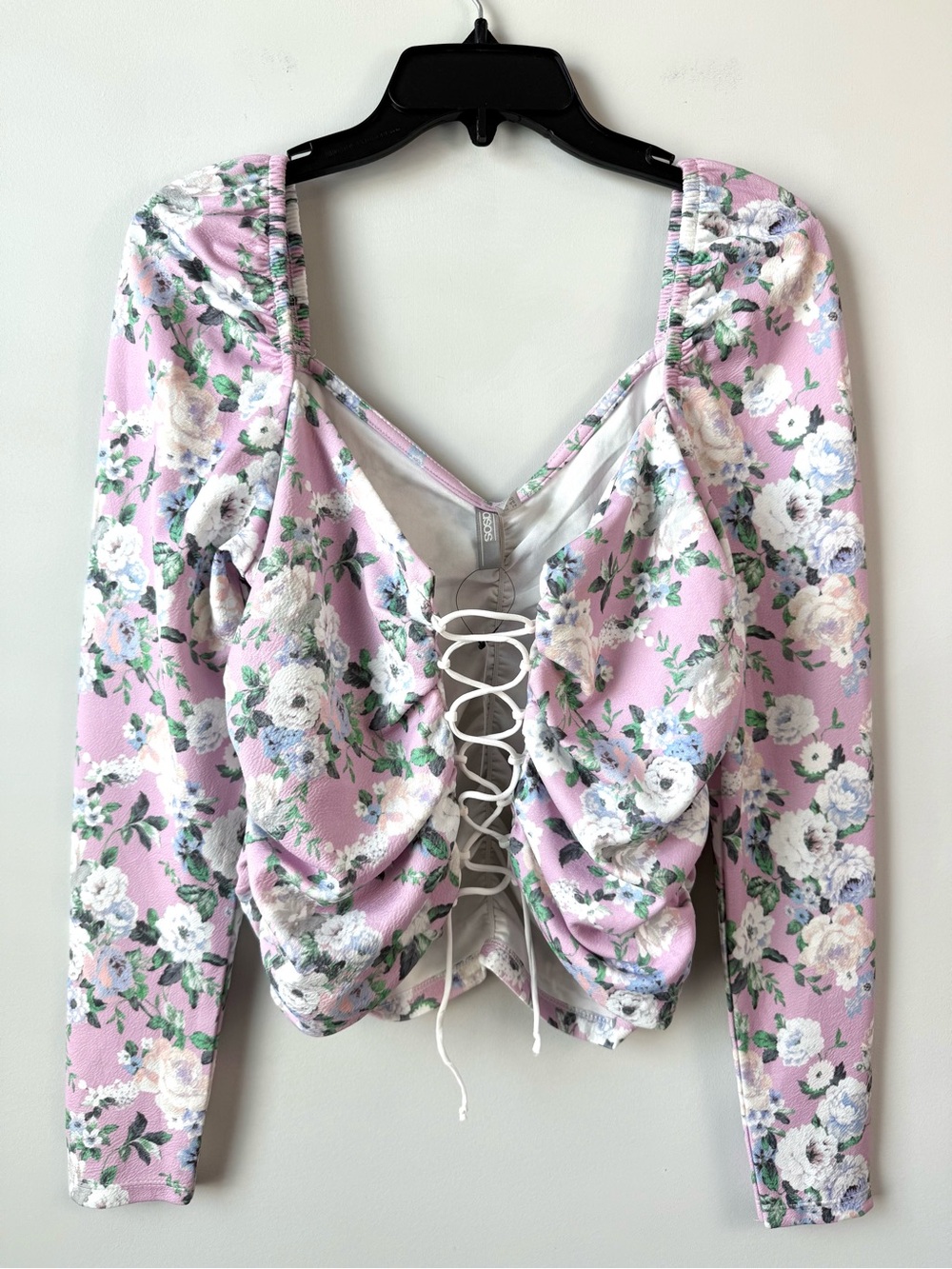Asos Lace Up Front Floral Long Sleeve Crop Top Lilac 10